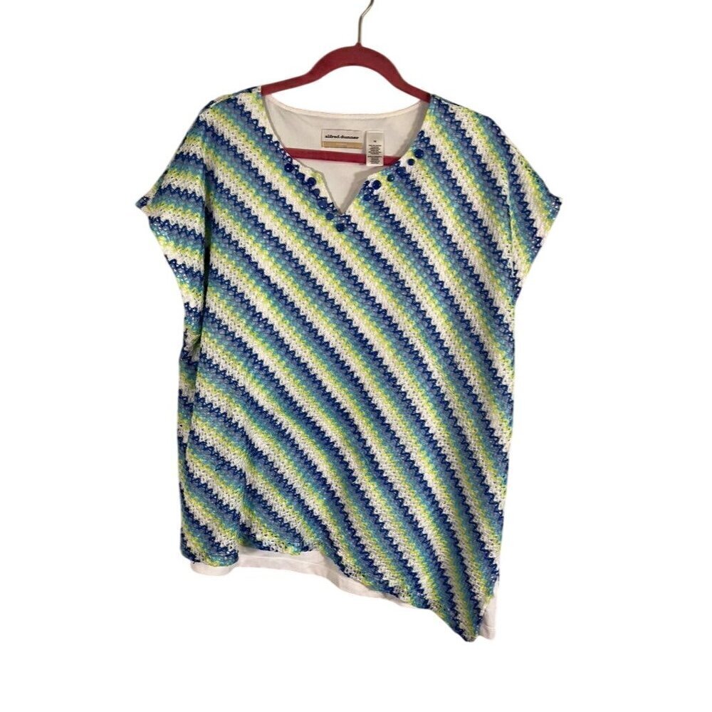 Alfred Dunner Top Women 1X Blue Pullover Striped Beaded Coastal Knit 80s Retro‎